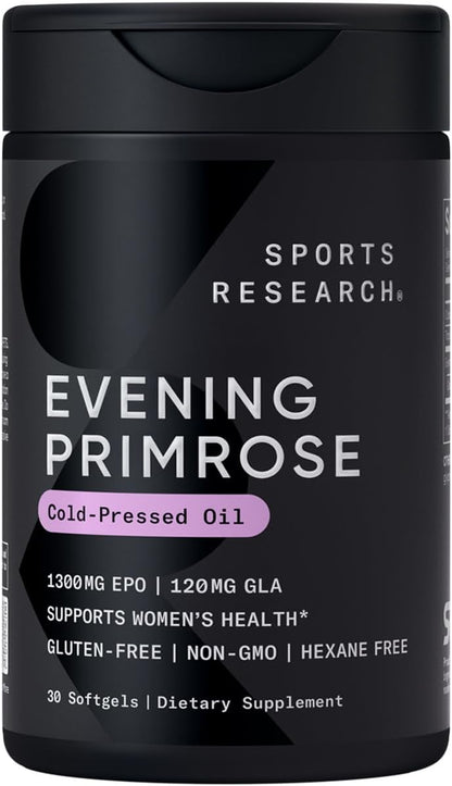 Sports Research Evening Primrose Supplement from Cold Pressed Oil - Softgels for Women’s Health & Skin Health - Gluten Free & Non-GMO GLA - High Potency 1300mg, 120 Count