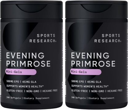 Sports Research Evening Primrose Supplement from Cold Pressed Oil - Softgels for Women’s Health & Skin Health - Gluten Free & Non-GMO GLA - High Potency 1300mg, 120 Count