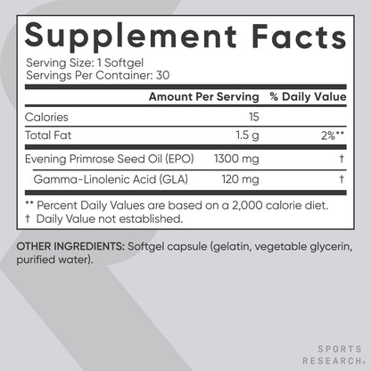 Sports Research Evening Primrose Supplement from Cold Pressed Oil - Softgels for Women’s Health & Skin Health - Gluten Free & Non-GMO GLA - High Potency 1300mg, 120 Count